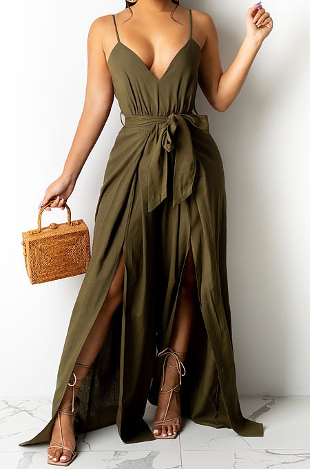 Pure Color Condole Belt Waist Shaping Wide Leg Jumpsuits AD0508