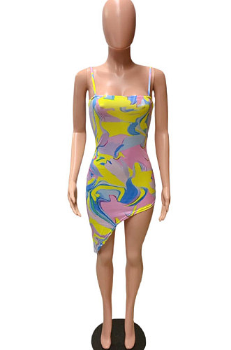 Sexy Colorful Printing Condole Belt Hypotenuse Milk Silk Mini Dress FM6214