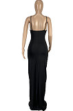 Pure Color Condole Belt Open Fork Package Buttocks Long Dress CY1330