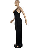 Pure Color Condole Belt Open Fork Package Buttocks Long Dress CY1330