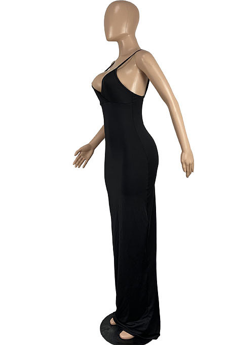 Pure Color Condole Belt Open Fork Package Buttocks Long Dress CY1330