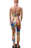 Sexy Condole Belt Hollow Out Tie Dye Colorful Bodycon Jumpsuits FM6209
