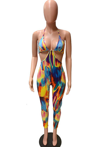 Sexy Condole Belt Hollow Out Tie Dye Colorful Bodycon Jumpsuits FM6209