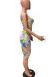 Sexy Colorful Printing Condole Belt Hypotenuse Milk Silk Mini Dress FM6214