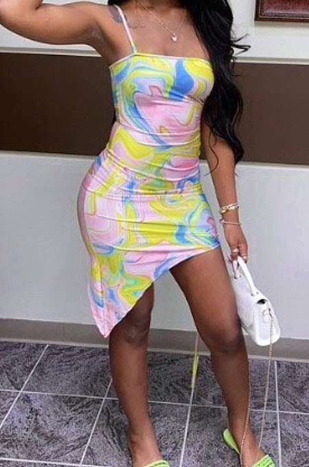 Sexy Colorful Printing Condole Belt Hypotenuse Milk Silk Mini Dress FM6214