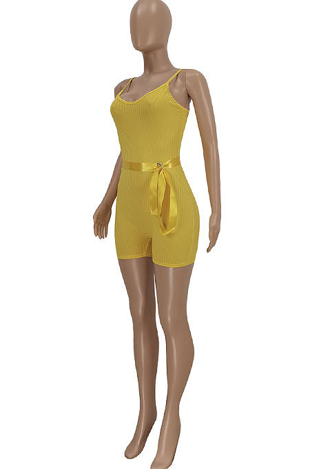 Pure Color Pit Bar Condole Belt Romper Shorts FFE130