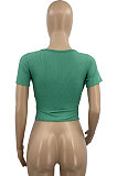Women Pure Color V Neck Bind Screw Thread Short Sleeve T Shirts AD0510