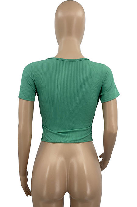Women Pure Color V Neck Bind Screw Thread Short Sleeve T Shirts AD0510