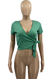 Women Pure Color V Neck Bind Screw Thread Short Sleeve T Shirts AD0510