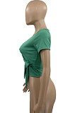 Women Pure Color V Neck Bind Screw Thread Short Sleeve T Shirts AD0510