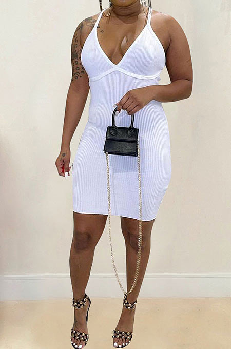 Women Pure Color Pit Bar Temperament Condole Belt Mini Dress FFE136