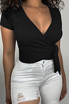 Women Pure Color V Neck Bind Screw Thread Short Sleeve T Shirts AD0510