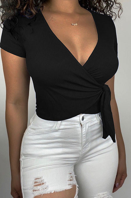 Women Pure Color V Neck Bind Screw Thread Short Sleeve T Shirts AD0510