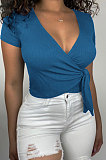 Women Pure Color V Neck Bind Screw Thread Short Sleeve T Shirts AD0510