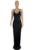 Pure Color Condole Belt Open Fork Package Buttocks Long Dress CY1330