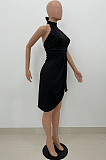 Large Size Fashion Pure Color Ruffled Irregular Neck Tie Sexy Dress AMW8315