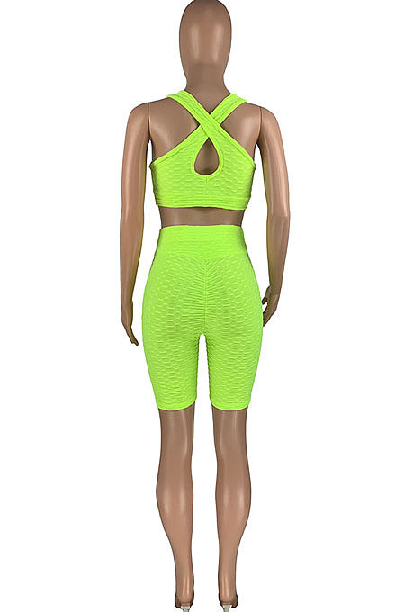 Pineapple Cloth Jacquard Weave Pure Color Yoga Vest Shorts Sets HR8176