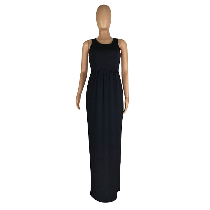 Euramerican Fashion Sleeveless Vest Have Pocket Casual Long Dress E8597