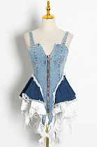 Sexy Contrast Color Spliced Cowboy Zipper Lower Hem Irregular Collect Waist Mini Dress TVE24937