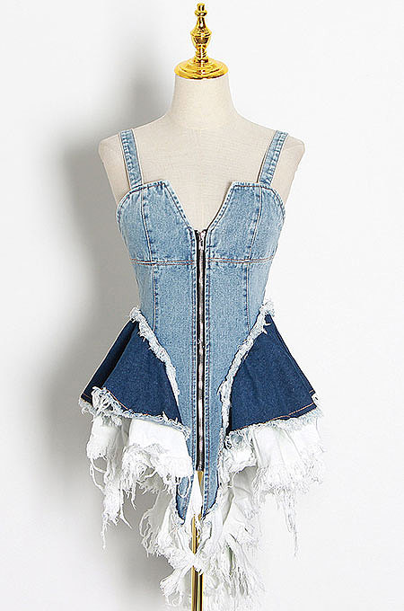 Sexy Contrast Color Spliced Cowboy Zipper Lower Hem Irregular Collect Waist Mini Dress TVE24937