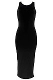 Women Pure Color Vest Dew Waist Shirred Detail Midi Dress HR8171
