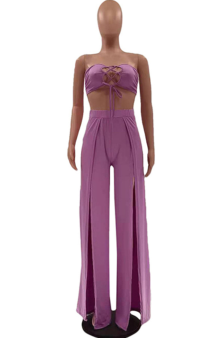Fashion Pure Color Chest Warp Bind Long Pants Open Fork Sets LSZ9115