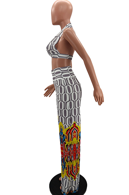 Fashion Positioning Printing Hang A Neck Chest Warp Flared Long Pant Two-Piece NYZ6021