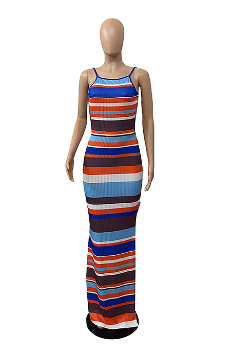 Sexy Colorful Striped Print Dress With Halter Back BDF8076