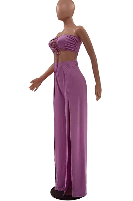 Fashion Pure Color Chest Warp Bind Long Pants Open Fork Sets LSZ9115