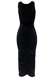 Women Pure Color Vest Dew Waist Shirred Detail Midi Dress HR8171
