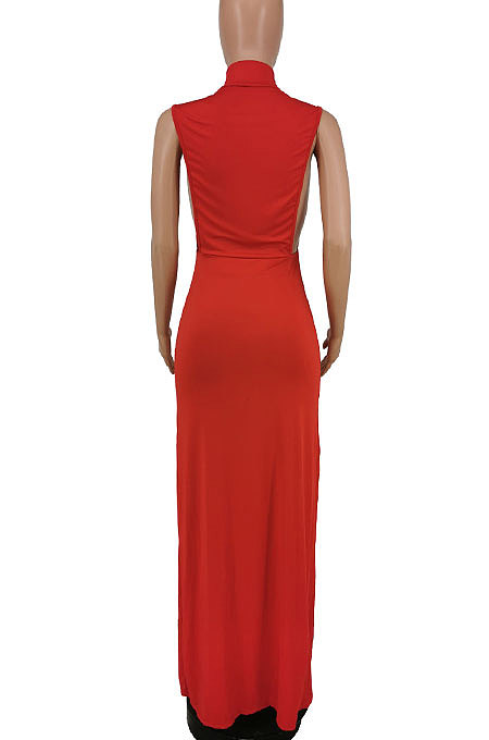 Pure Color Sexy Open Fork Sleeveless Personality Long Dress PU6081