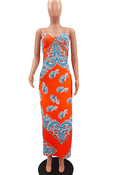 Fashion Positioning Printing Sling Adjust Long Dress NYZ6023