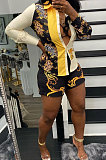Trendy Sexy Positioning Printing Cardigan Single-Breasted Long Sleeve Shirt Shorts Sets QY5059