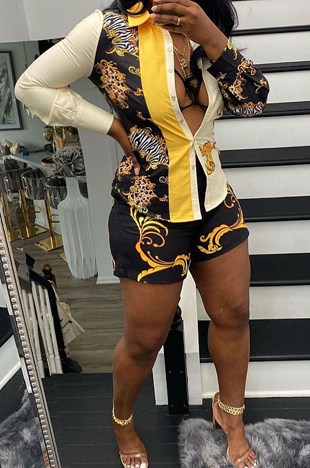 Trendy Sexy Positioning Printing Cardigan Single-Breasted Long Sleeve Shirt Shorts Sets QY5059