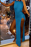 Pure Color Sexy Open Fork Sleeveless Personality Long Dress PU6081