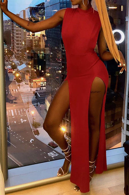 Pure Color Sexy Open Fork Sleeveless Personality Long Dress PU6081