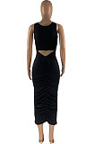 Women Pure Color Vest Dew Waist Shirred Detail Midi Dress HR8171
