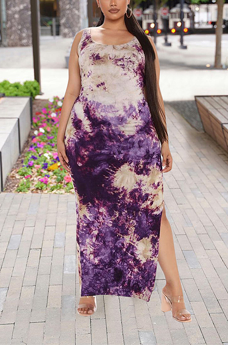 Fashion Plus Size Print Loose Slit Tie-Dyed Dress QQX1216
