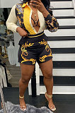 Trendy Sexy Positioning Printing Cardigan Single-Breasted Long Sleeve Shirt Shorts Sets QY5059