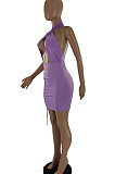 Euramerican Women Sexy Halter Neck Pure Color Mini Dress SQ952