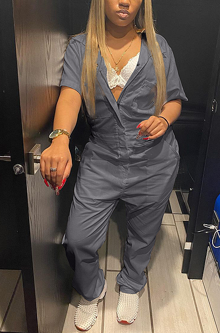 Lapel Casual Zipper Sexy Waist  Showing Cargo Jumpsuit AMW8316