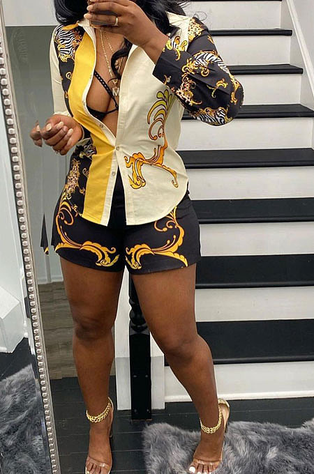Trendy Sexy Positioning Printing Cardigan Single-Breasted Long Sleeve Shirt Shorts Sets QY5059