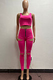 Fashion Cultivate One's Morality Women Pure Color Vest Long Pants Hole Zipper Two-Pieces AYM5024