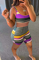 Color Striped Sleeveless U-Neck Thread Shorts Sets  QQX1211