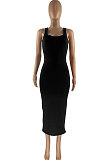 Women Pure Color Vest Dew Waist Shirred Detail Midi Dress HR8171