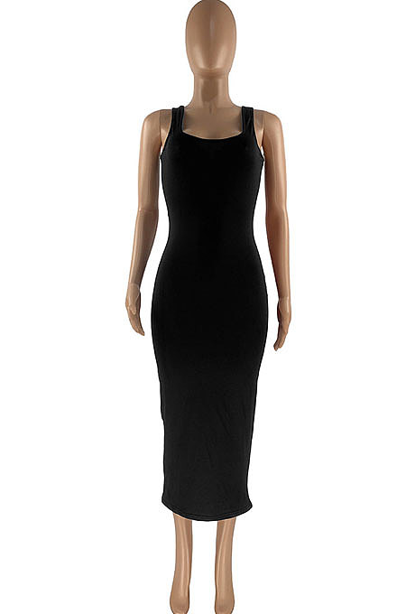 Women Pure Color Vest Dew Waist Shirred Detail Midi Dress HR8171
