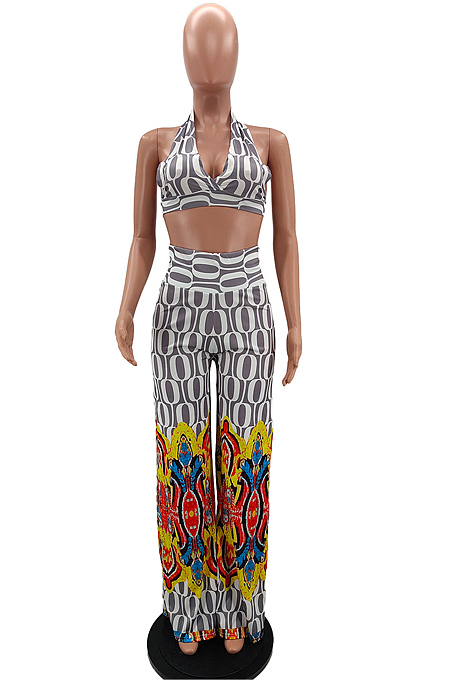 Fashion Positioning Printing Hang A Neck Chest Warp Flared Long Pant Two-Piece NYZ6021