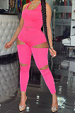 Fashion Cultivate One's Morality Women Pure Color Vest Long Pants Hole Zipper Two-Pieces AYM5024