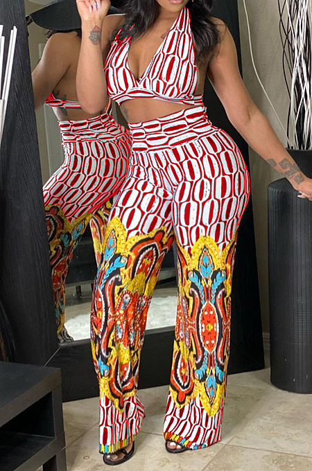 Fashion Positioning Printing Hang A Neck Chest Warp Flared Long Pant Two-Piece NYZ6021