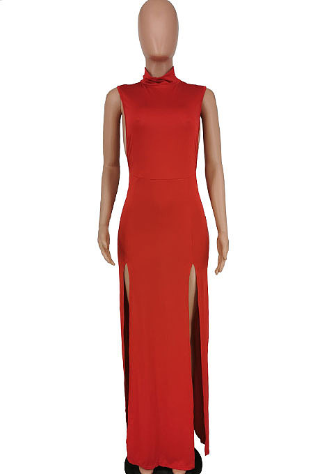 Pure Color Sexy Open Fork Sleeveless Personality Long Dress PU6081